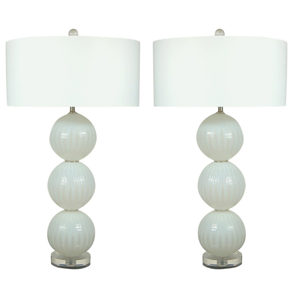 White Opaline Three-Ball Glass Lamps by Joe Cariati For Sale