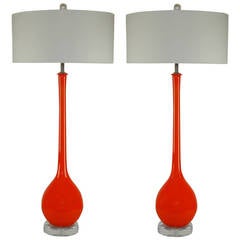 Pair of Vintage Italian Long Necked Murano Lamps by Seguso in Orange