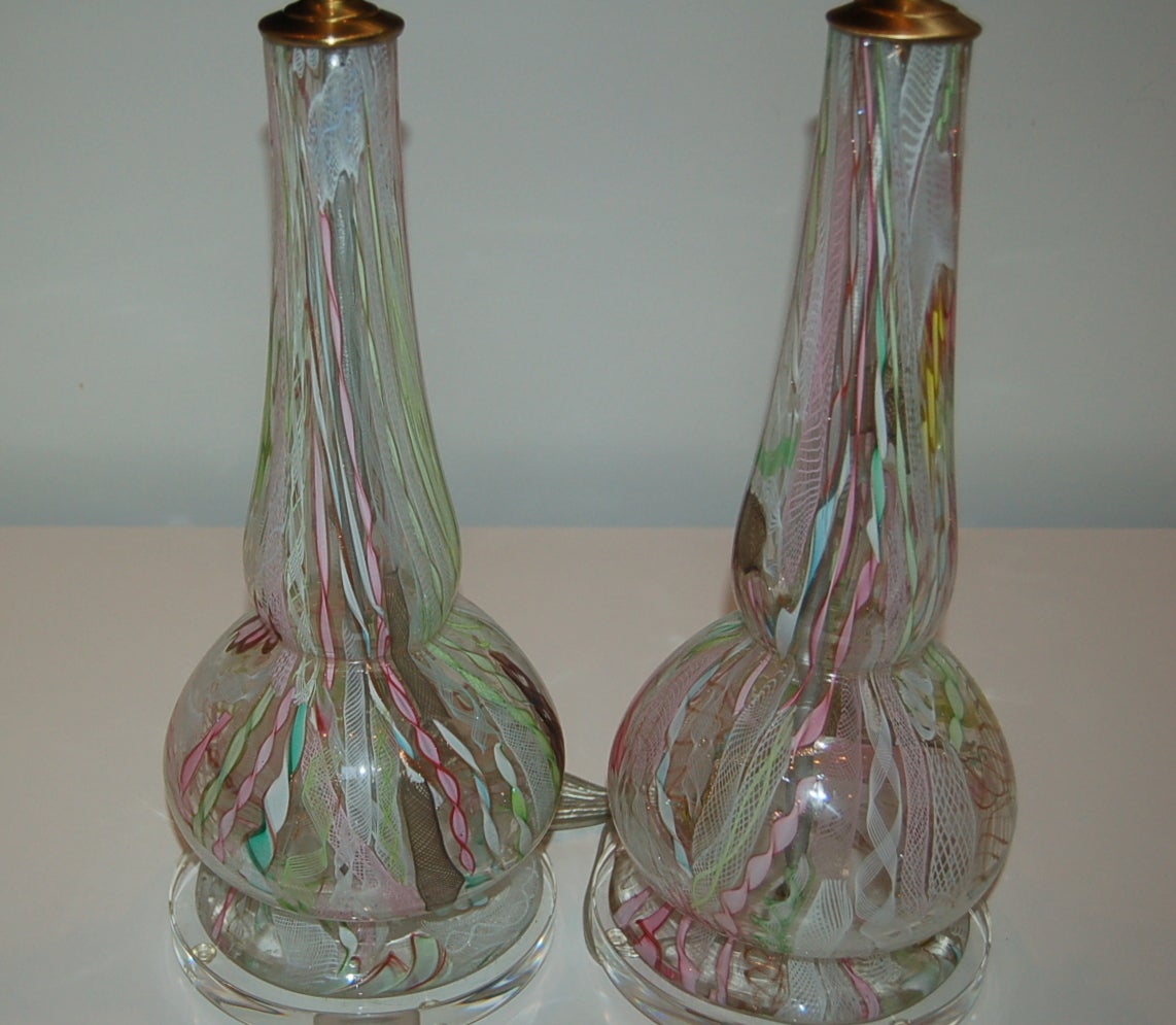 Brushed Extremely Rare Matched Pair of Dino Martens Tutti Frutti Murano Lamps For Sale