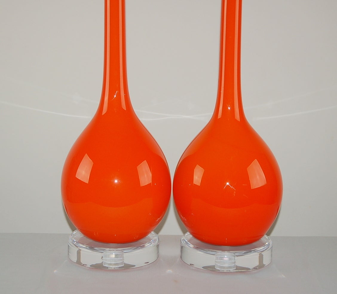 Plated Pair of Vintage Italian Long Necked Murano Lamps by Seguso in Orange