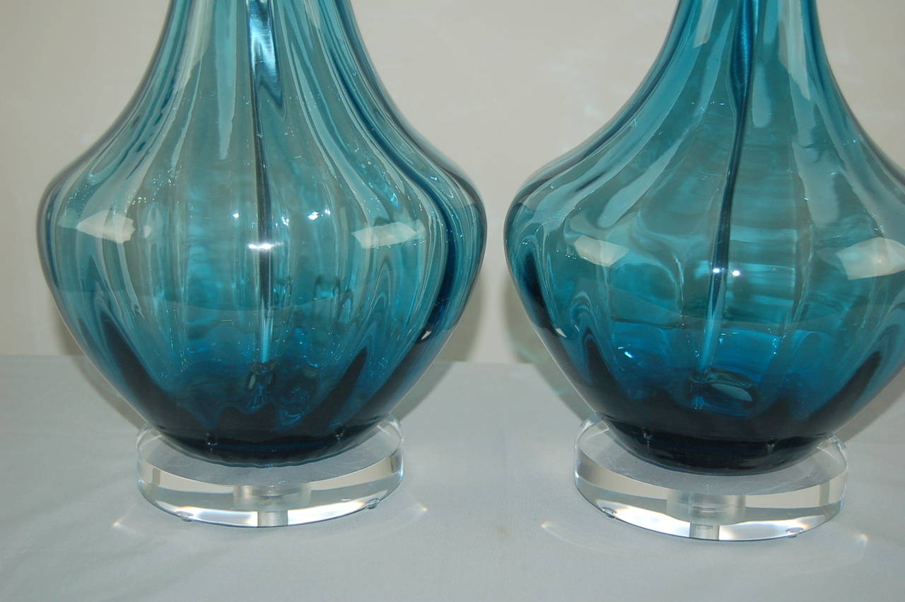 Plated Pair of Vintage Murano Petticoat Lamps in Teal Blue