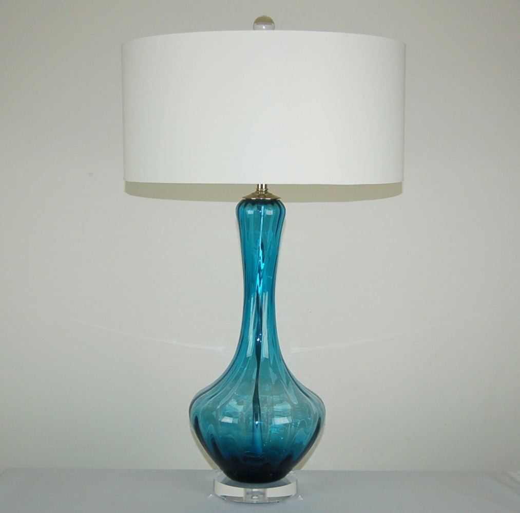 Mid-Century Modern Pair of Vintage Murano Petticoat Lamps in Teal Blue