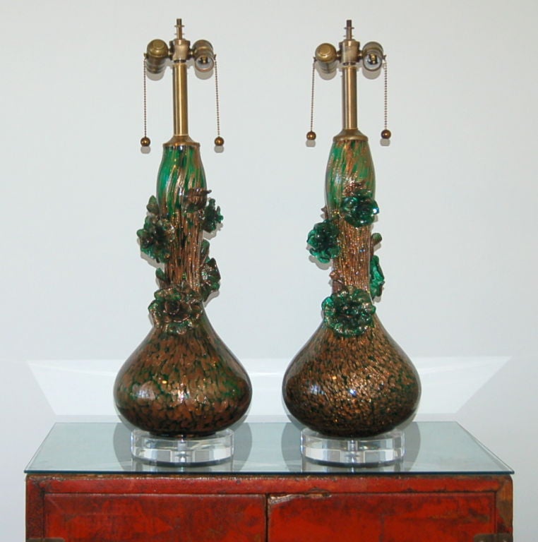 Matched Pair of Climbing Rose Lamps of Copper and Green by Marbro For Sale 3