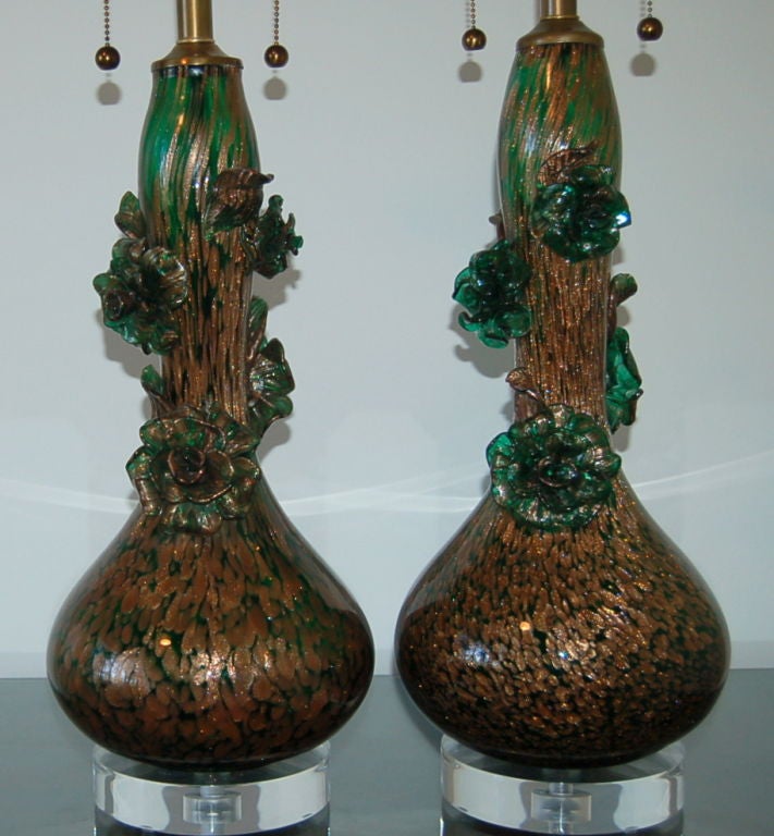 Italian Matched Pair of Climbing Rose Lamps of Copper and Green by Marbro For Sale