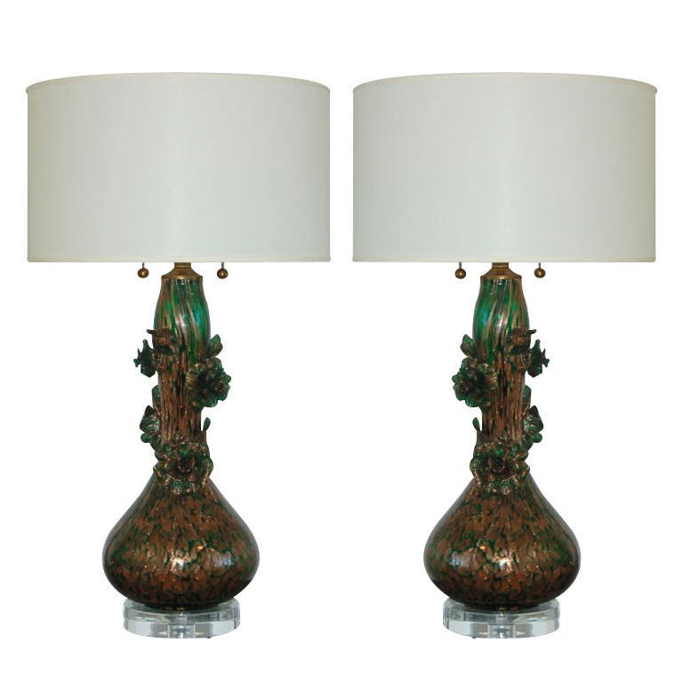 Matched Pair of Climbing Rose Lamps of Copper and Green by Marbro For Sale