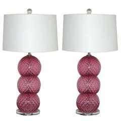Pair of Vintage Murano Stacked Three Ball Lamps in Berry