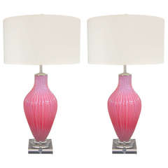 Matched Pair of Vintage Murano Opaline Lamps in Pink by Marbro