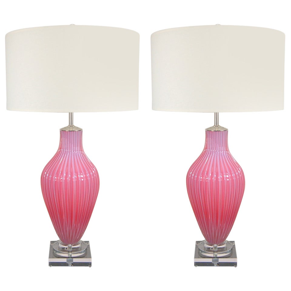 Matched Pair of Vintage Murano Opaline Lamps in Pink by Marbro For Sale