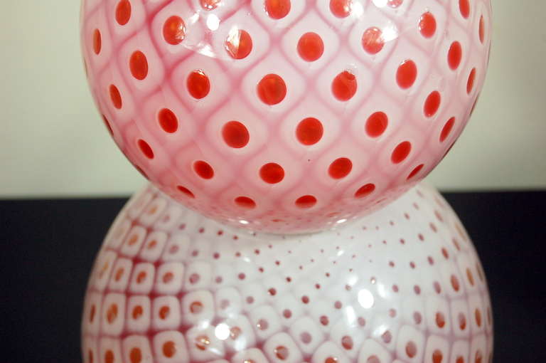 Pair of Vintage Stacked Ball Murano Lamps of Cherry Pink 2