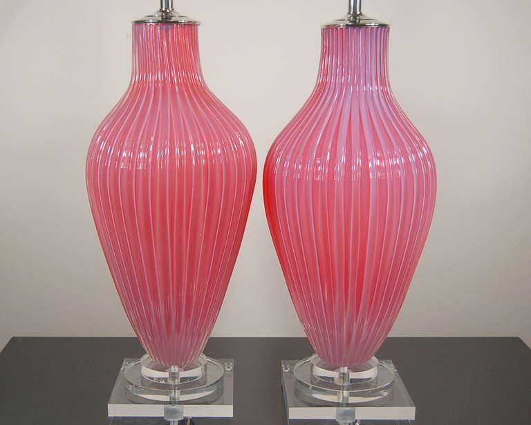 Italian Matched Pair of Vintage Murano Opaline Lamps in Pink by Marbro For Sale