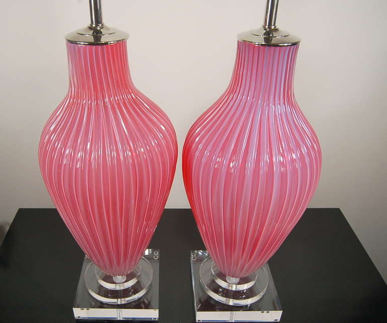 Matched Pair of Vintage Murano Opaline Lamps in Pink by Marbro For Sale 2