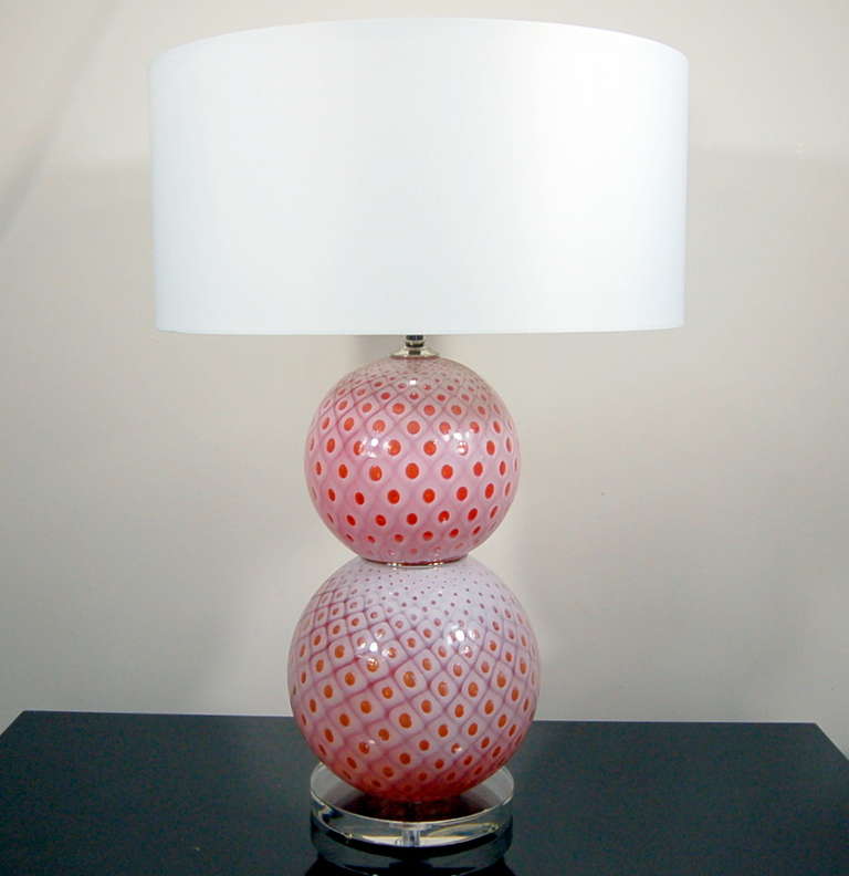 Mid-Century Modern Pair of Vintage Stacked Ball Murano Lamps of Cherry Pink