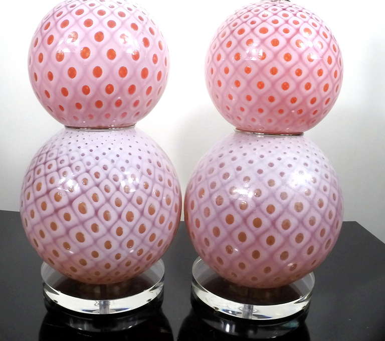 Pair of Vintage Stacked Ball Murano Lamps of Cherry Pink In Excellent Condition In Little Rock, AR