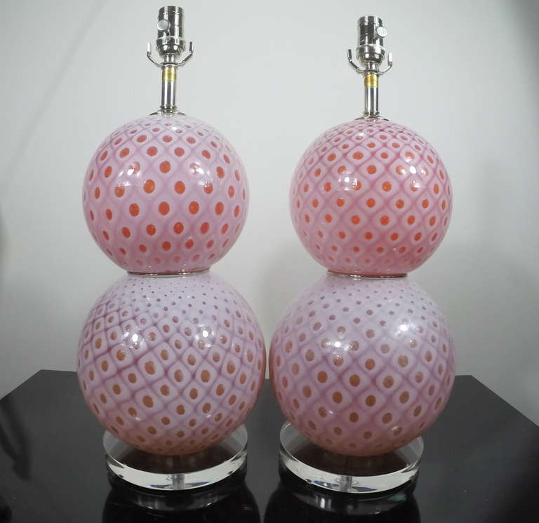 Italian Pair of Vintage Stacked Ball Murano Lamps of Cherry Pink