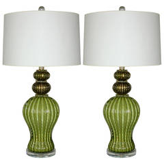 Green Murano Table Lamps with Gold