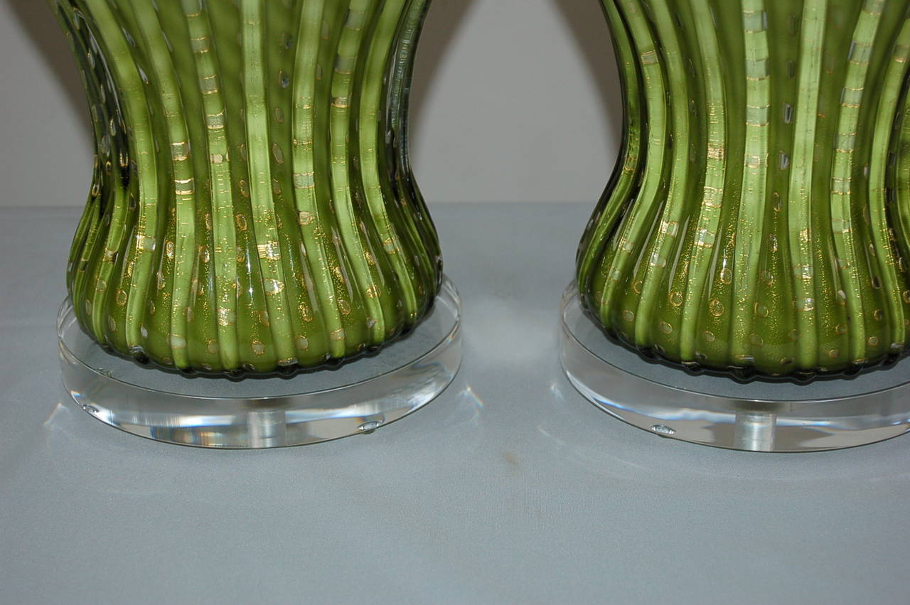 Italian Green Murano Table Lamps with Gold For Sale