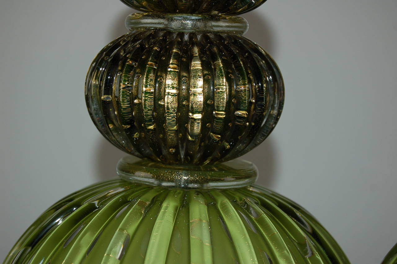 Mid-20th Century Green Murano Table Lamps with Gold For Sale