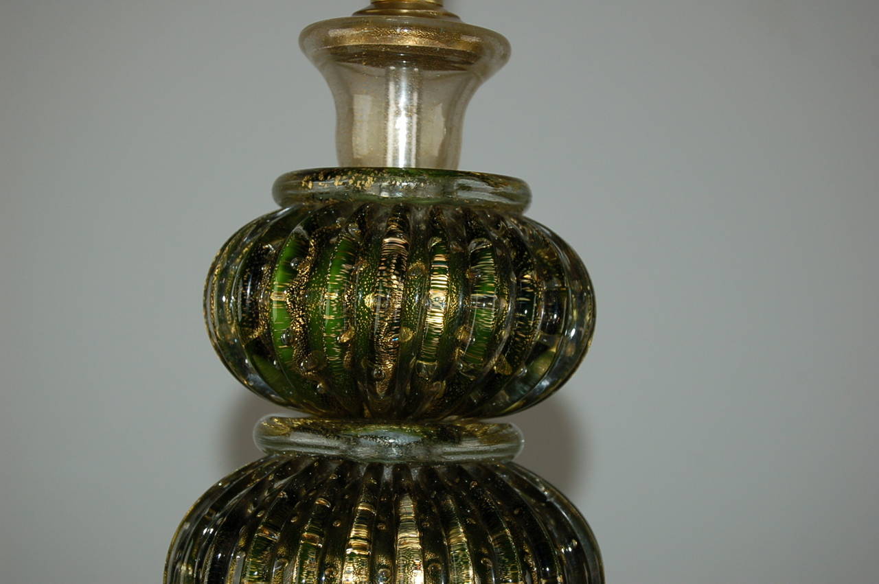 Murano Glass Green Murano Table Lamps with Gold For Sale