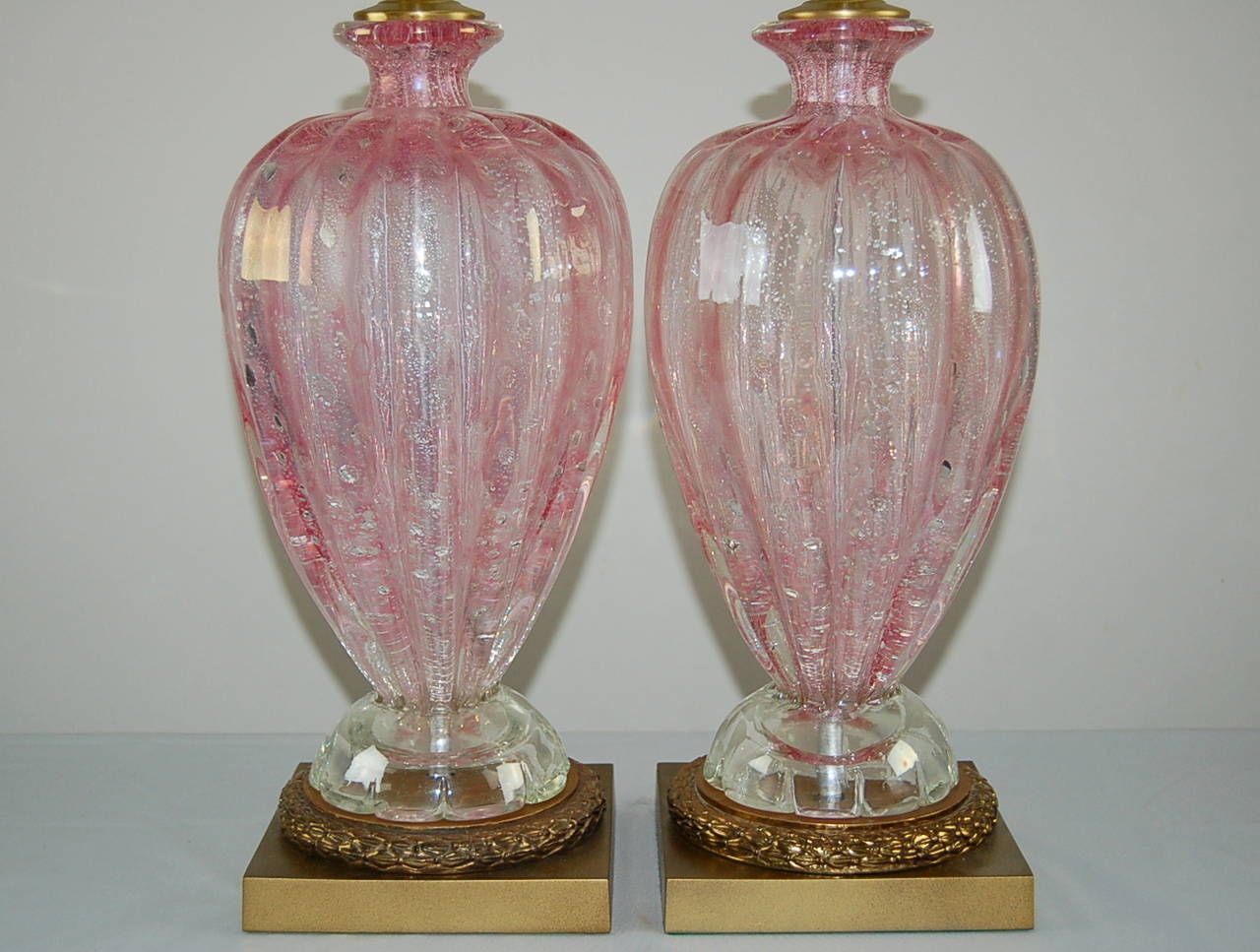 Hollywood Regency Pink Murano Table Lamps with Silver For Sale