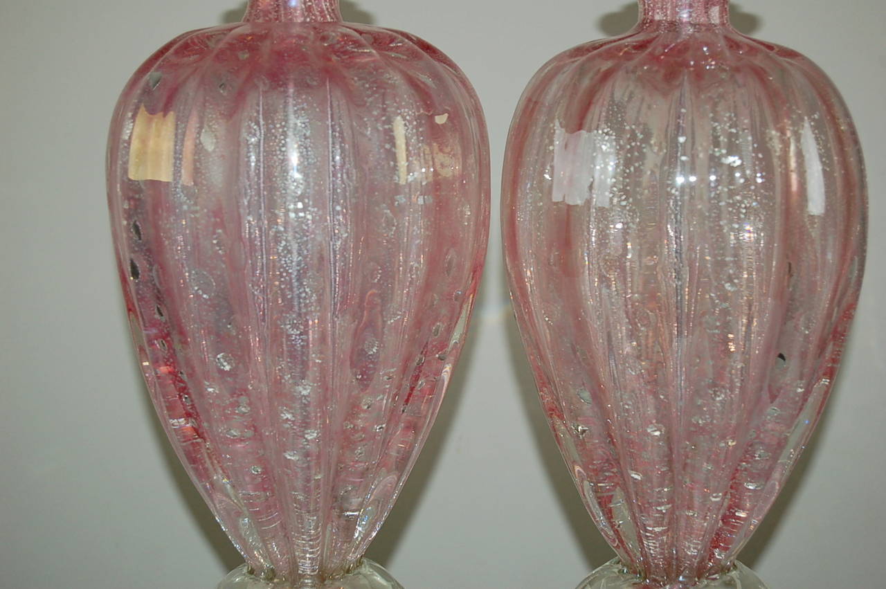 Italian Pink Murano Table Lamps with Silver For Sale