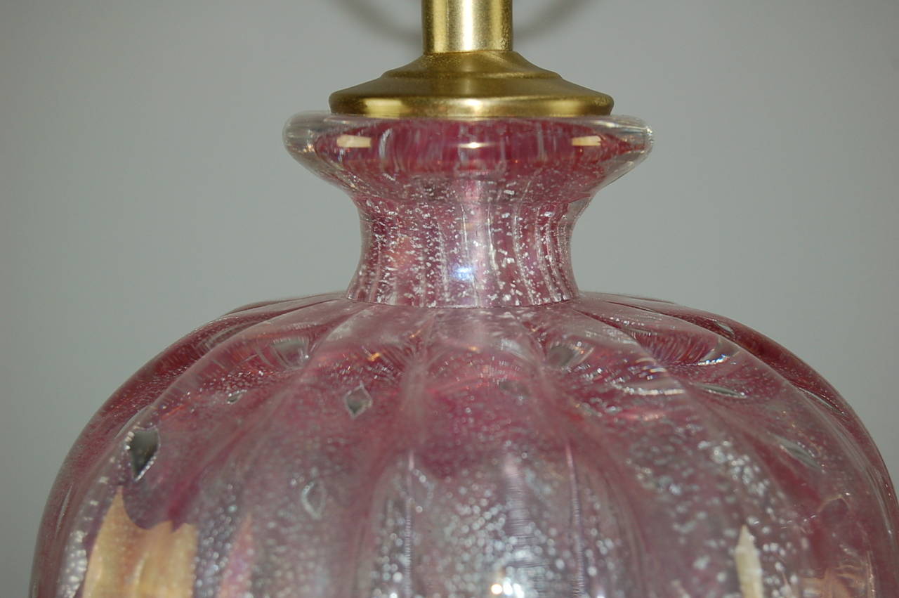 Brass Pink Murano Table Lamps with Silver For Sale