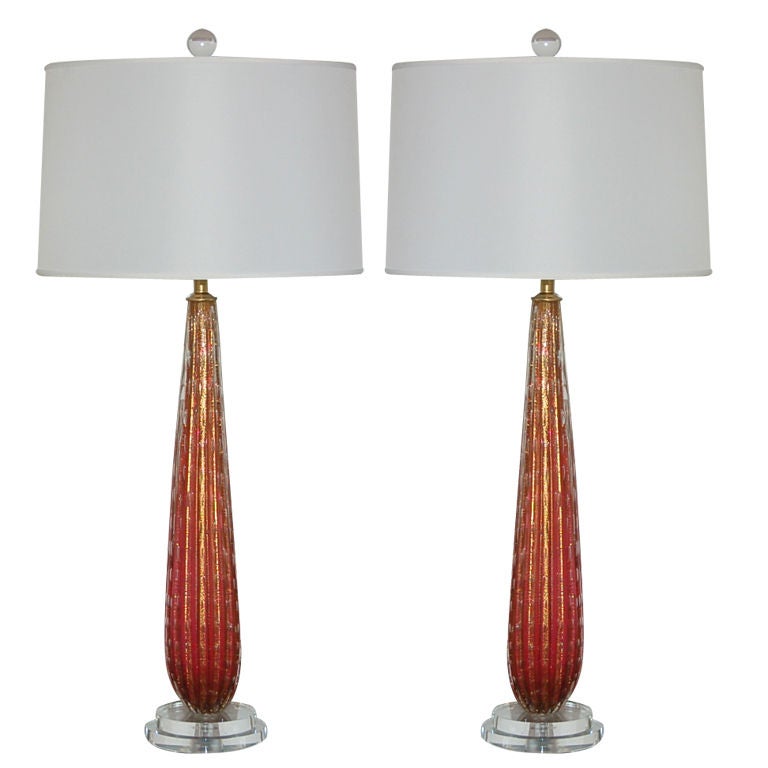 Vintage Murano Teardrop Lamps in Cranberry and Gold For Sale