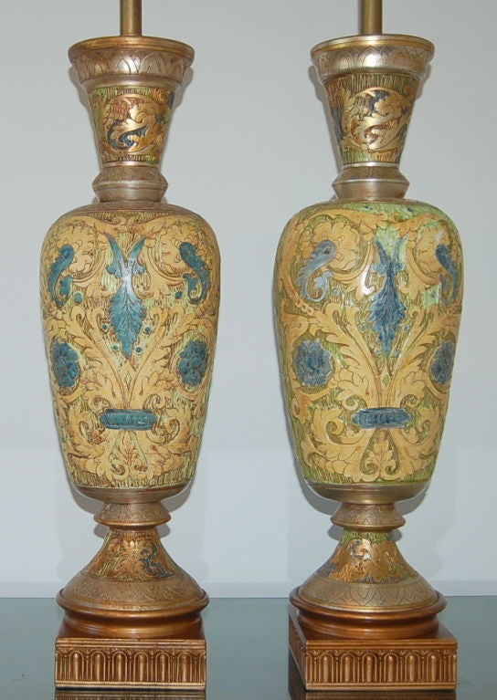 Mid-Century Modern Matched Pair of Monumental Carved Ceramic Lamps by Marbro For Sale