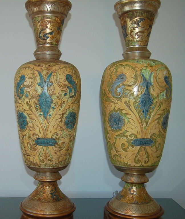 Italian Matched Pair of Monumental Carved Ceramic Lamps by Marbro For Sale