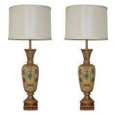 Matched Pair of Monumental Carved Ceramic Lamps by Marbro