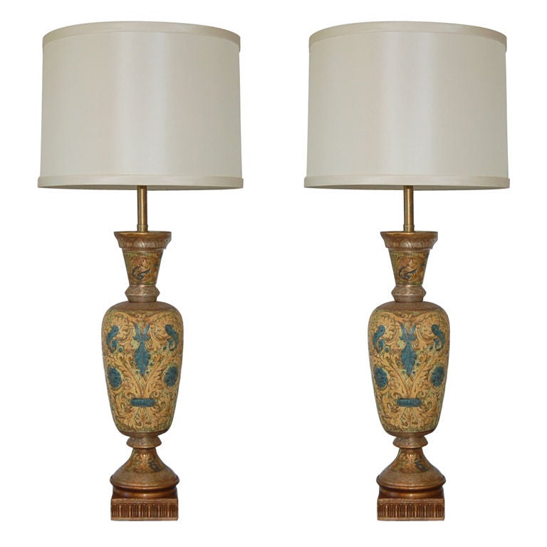 Matched Pair of Monumental Carved Ceramic Lamps by Marbro For Sale