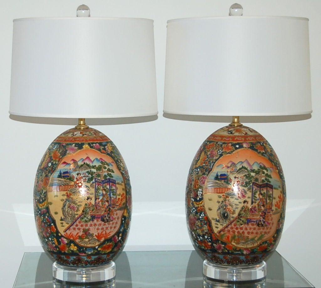 Vintage Pair of Satsuma Jumbo Egg Lamps In Excellent Condition For Sale In Little Rock, AR