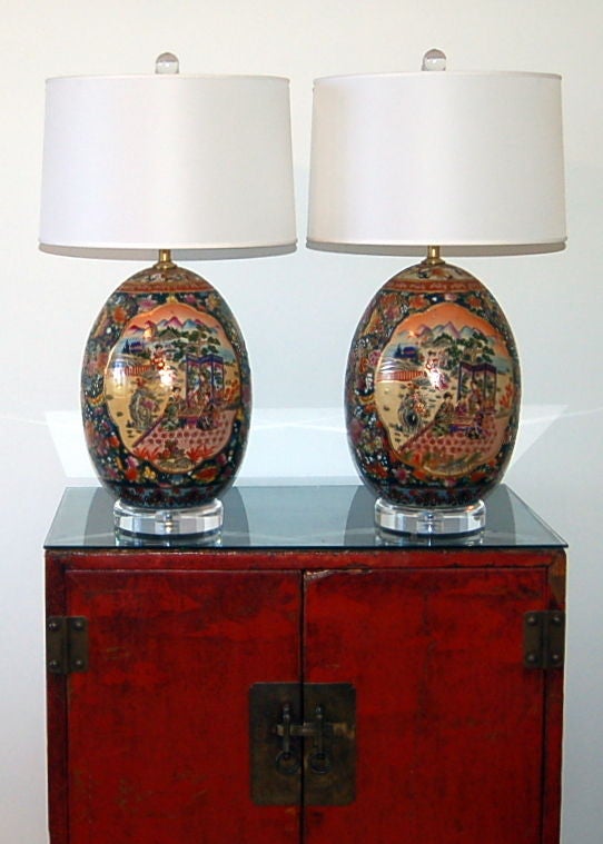 Vintage Pair of Satsuma Jumbo Egg Lamps For Sale 4