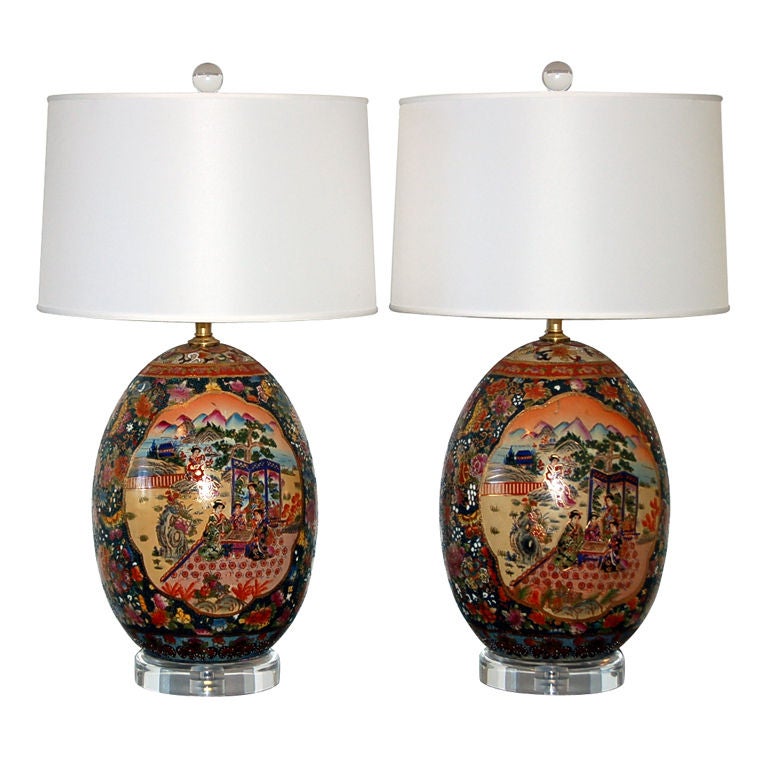 Vintage Pair of Satsuma Jumbo Egg Lamps For Sale