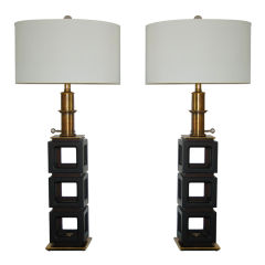 Vintage Classic Edwin Cole for Stiffel Wood and Brass Table Lamps 1950s