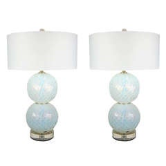 Pair of Vintage White Opaline Murano Ball Lamps with Controlled Bubbles