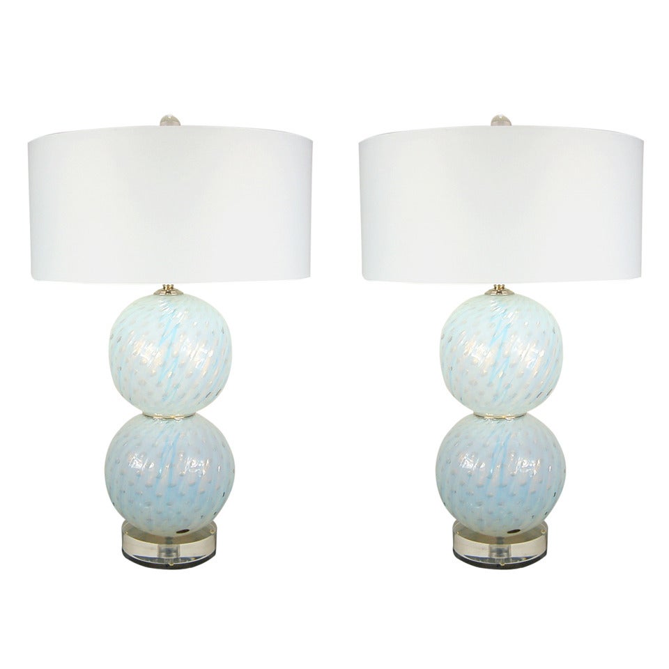 Pair of Vintage White Opaline Murano Ball Lamps with Controlled Bubbles