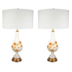 Pair of Vintage Murano White Glass Lamps with Flowers by Marbro
