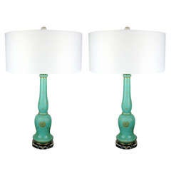 Pair of Vintage Eglomise Art Glass Lamps in Aqua