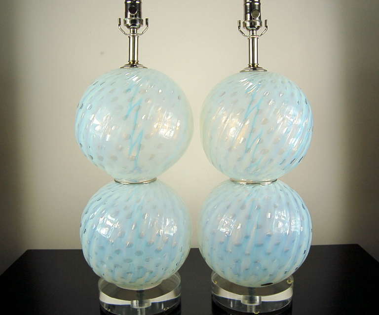 Mid-Century Modern Pair of Vintage White Opaline Murano Ball Lamps with Controlled Bubbles