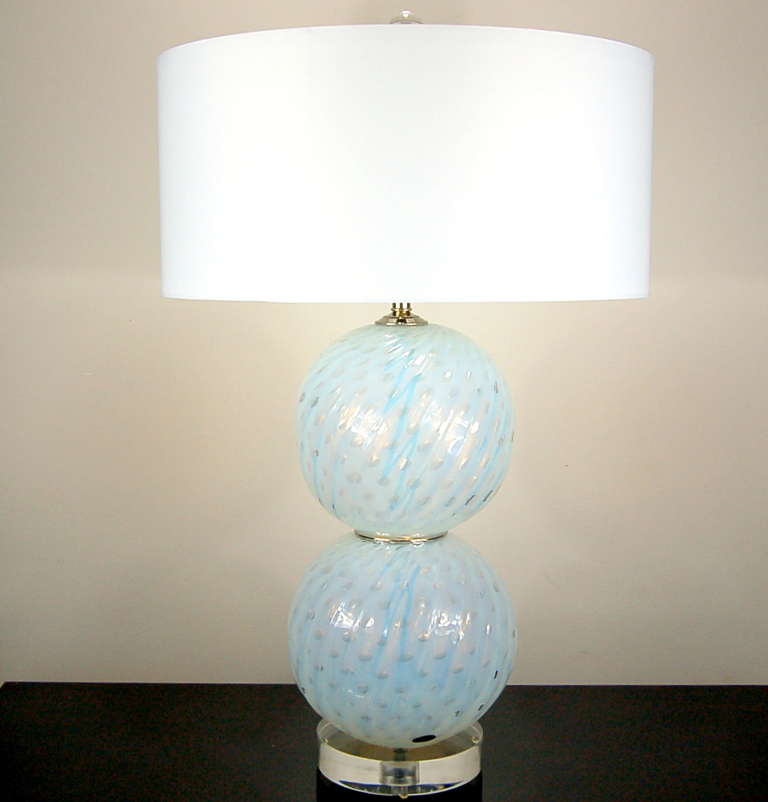 Italian Pair of Vintage White Opaline Murano Ball Lamps with Controlled Bubbles