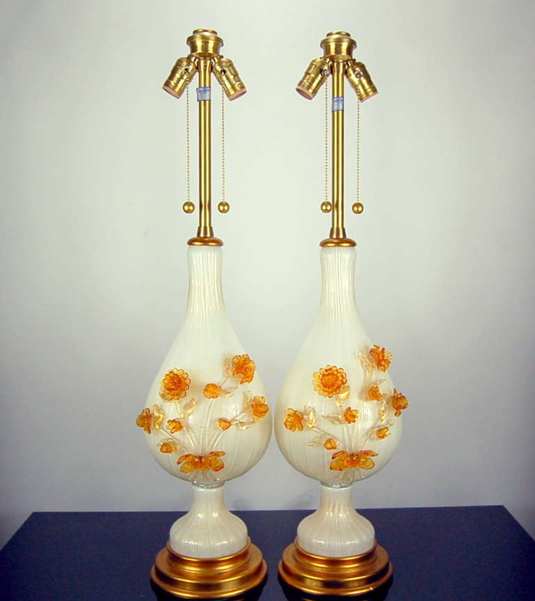 Pair of Vintage Murano White Glass Lamps with Flowers by Marbro