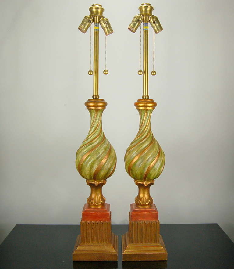Pair of Vintage, Carved, Wooden, Italian Table Lamps by Marbro