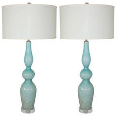 Sexy Pair of Vintage Murano Sky Blue Lamps with Swirls of Bronze
