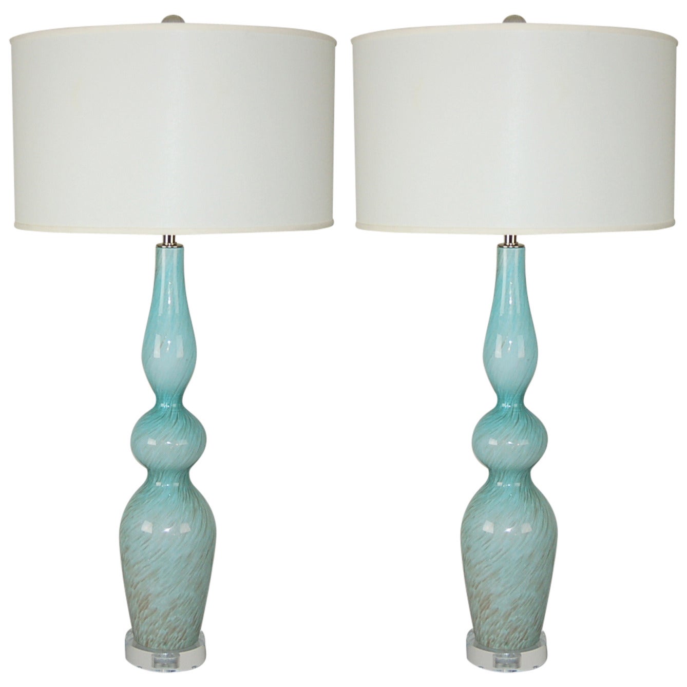 Sexy Pair of Vintage Murano Sky Blue Lamps with Swirls of Bronze