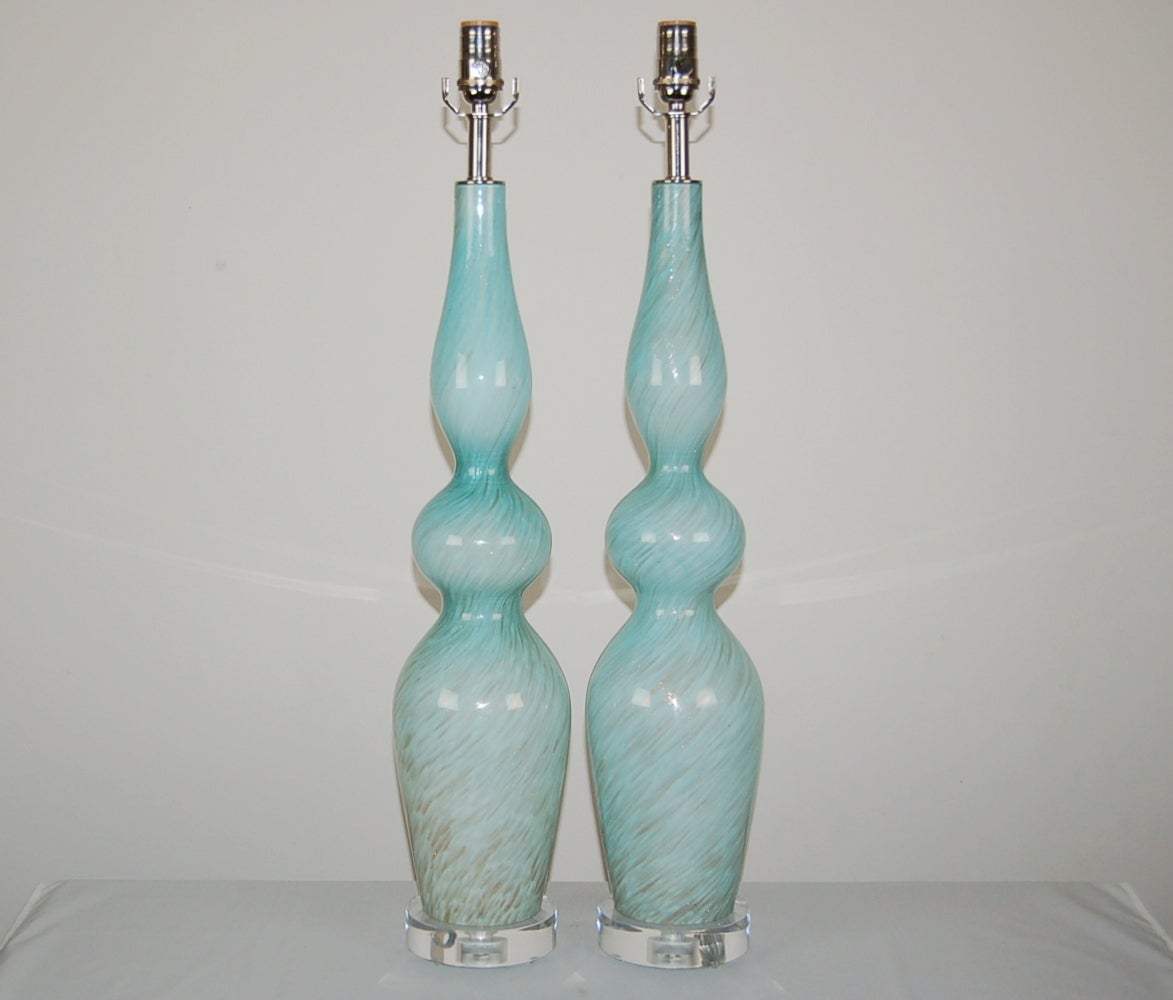 Mid-Century Modern Sexy Pair of Vintage Murano Sky Blue Lamps with Swirls of Bronze
