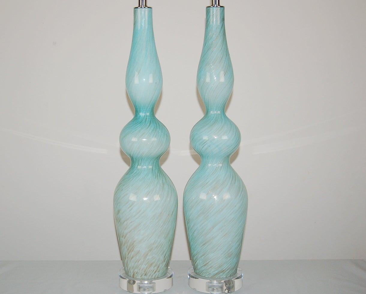 Italian Sexy Pair of Vintage Murano Sky Blue Lamps with Swirls of Bronze