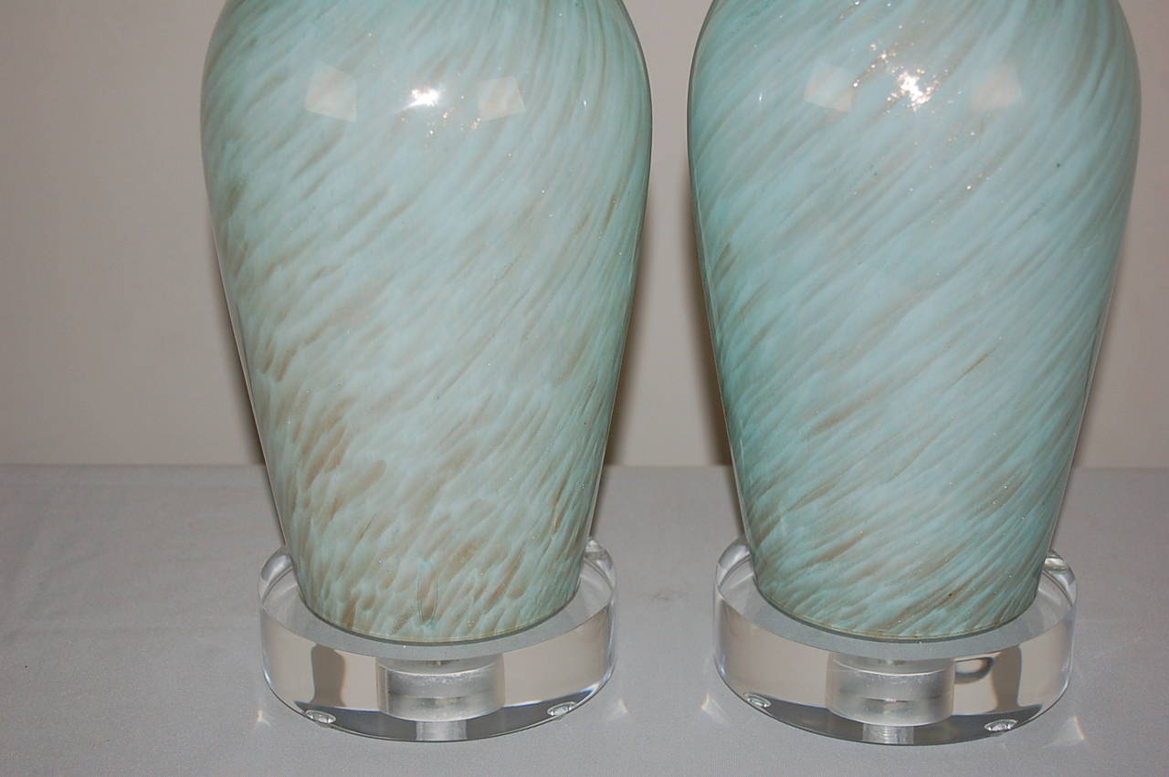 Plated Sexy Pair of Vintage Murano Sky Blue Lamps with Swirls of Bronze