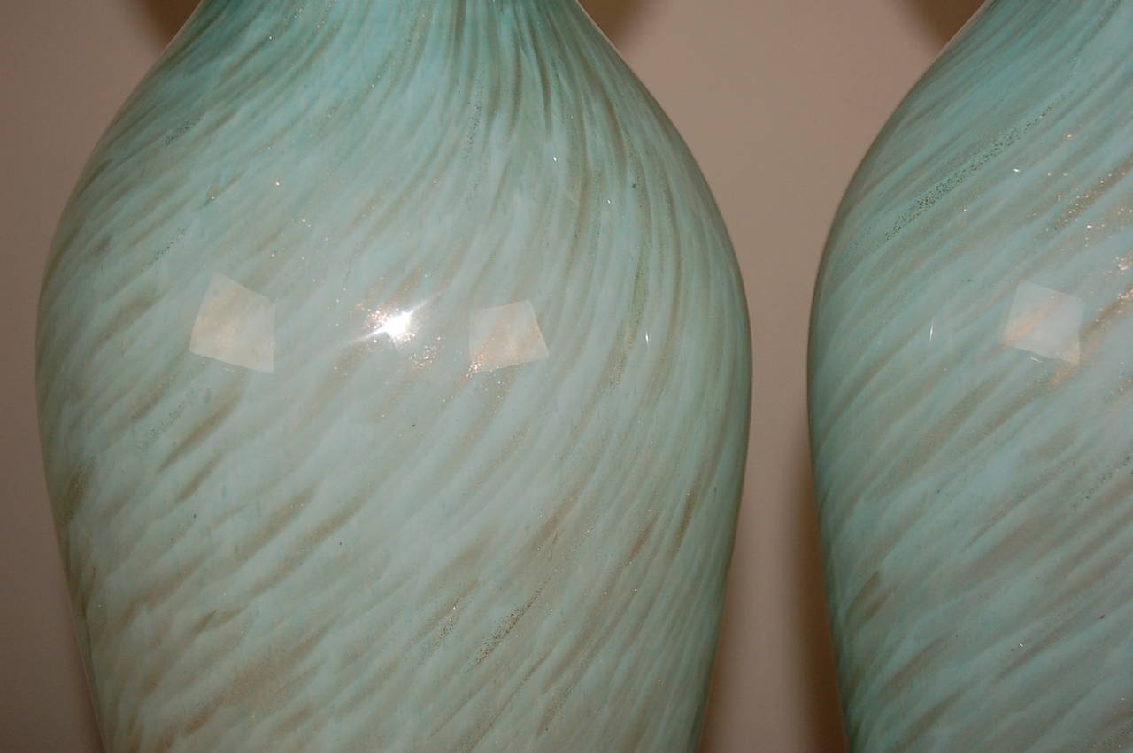 Sexy Pair of Vintage Murano Sky Blue Lamps with Swirls of Bronze In Excellent Condition In Little Rock, AR