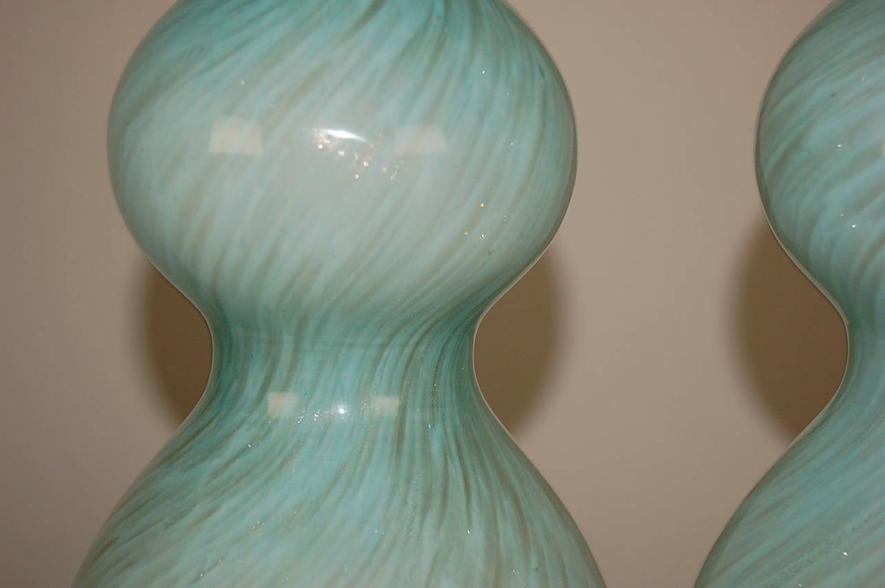 Mid-20th Century Sexy Pair of Vintage Murano Sky Blue Lamps with Swirls of Bronze