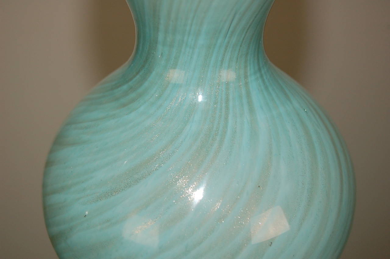 Lucite Sexy Pair of Vintage Murano Sky Blue Lamps with Swirls of Bronze
